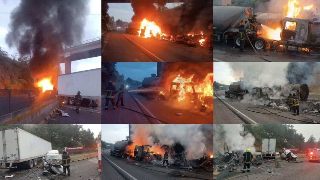¡Incendio de 2 pipas en autopista de Naucalpan!